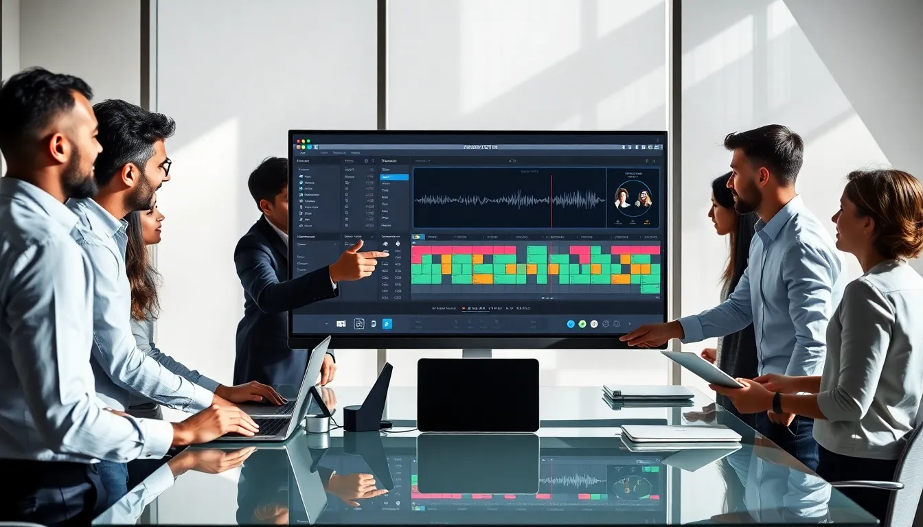 diverse team collaborating on audio editing software in a modern office.