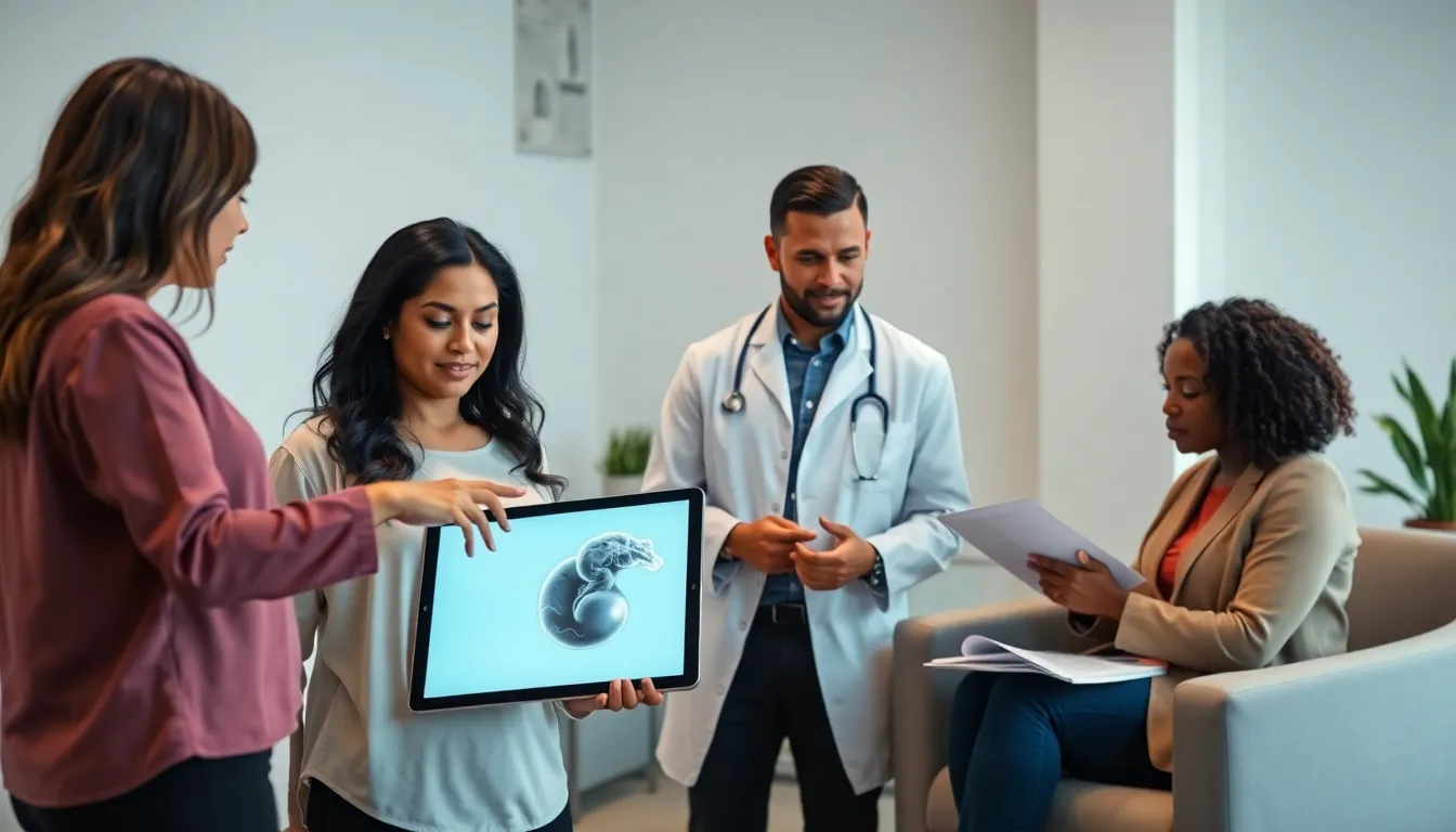 healthcare professionals discussing fetal development in a modern office.