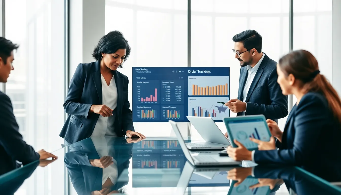 diverse team discussing order tracking software in a modern office.