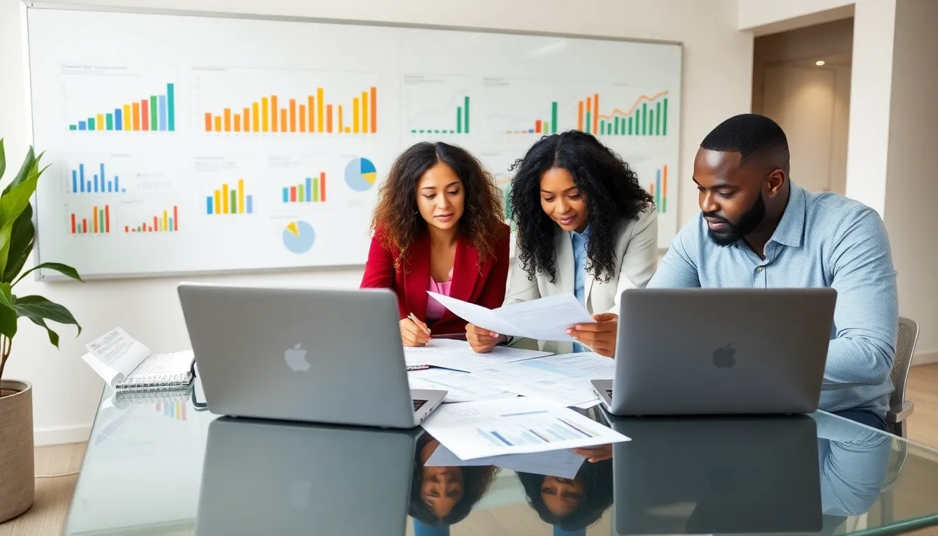 diverse team discussing church bookkeeping in a modern office.
