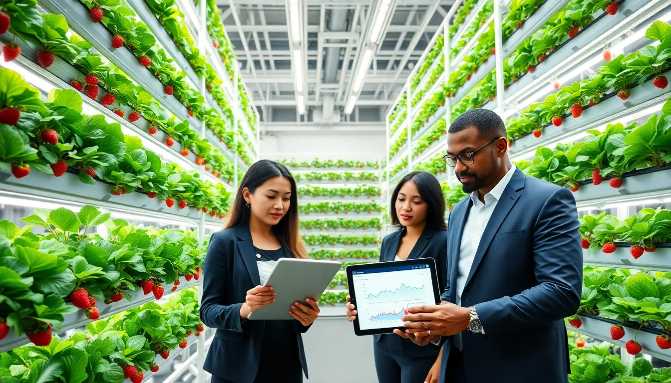modern vertical farm with professionals analyzing crop data.